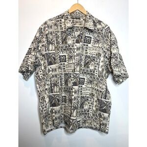 Hollis River 100% Cotton Beige Hawaiian Palm Aloha Mens Short Sleeve Shirt